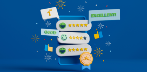3D graphic of online customer reviews shows smiley faces and star ratings with labels like “Excellent” and “Good,” emphasizing reputation management
