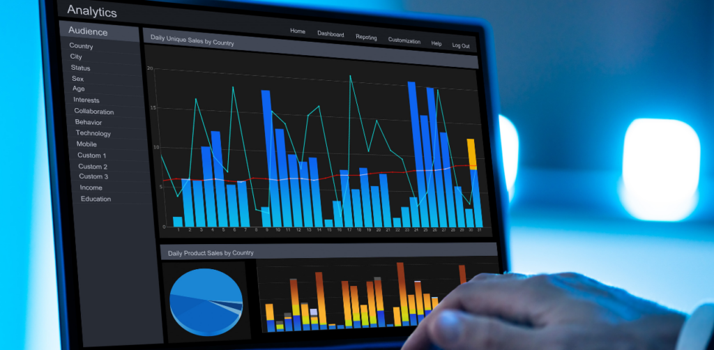 Close-up of a hand interacting with a digital analytics dashboard showing bar graphs, line charts, and pie charts