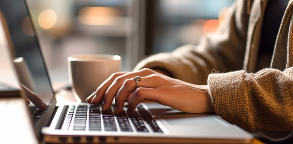 Close-up of a person's hands typing on a laptop keyboard, with a coffee cup in the background