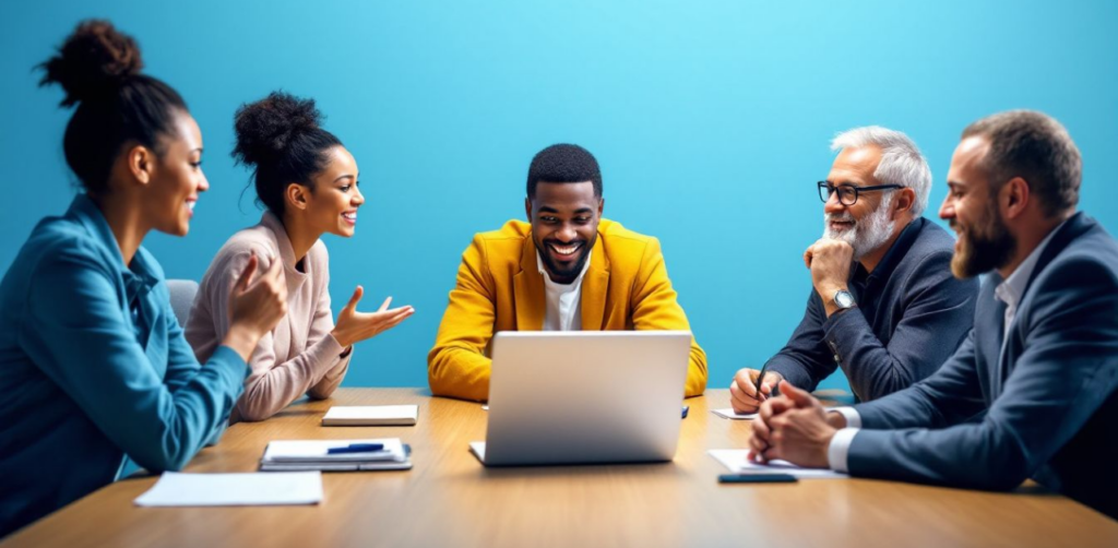 Group of diverse professionals sitting around a table, smiling and collaborating while looking at a laptop in a modern meeting room with a blue background