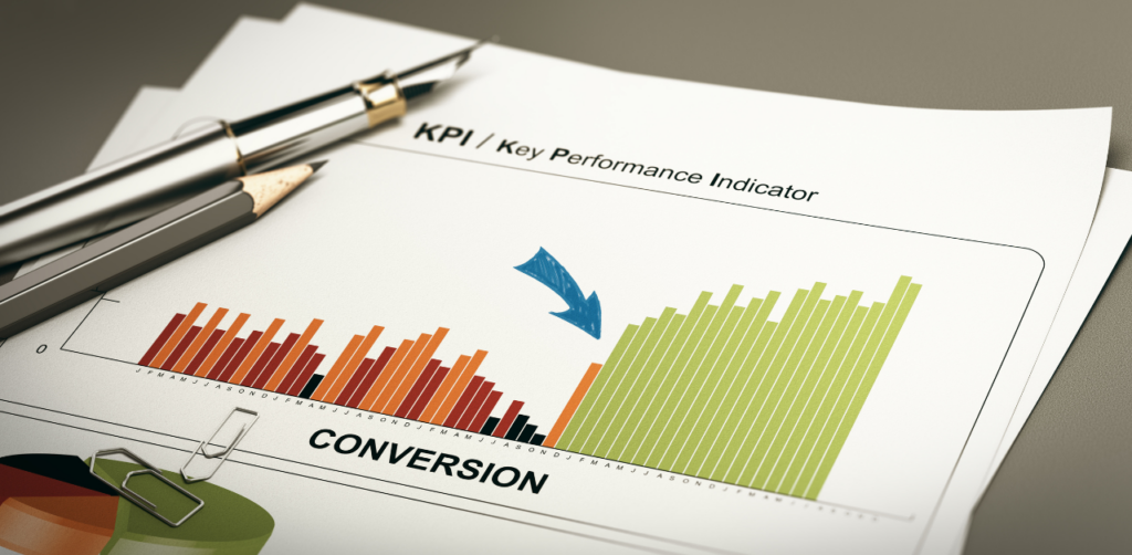 KPI (Key Performance Indicator) report showing a bar graph with a blue arrow indicating an increase in conversion performance