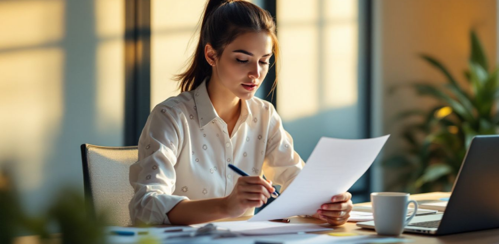 Young woman in a bright, sunlit workspace holding a pen and reviewing papers, with a laptop and coffee cup nearby on a desk