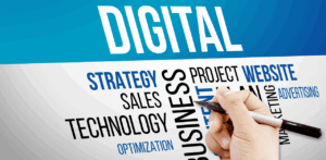 A hand writes on a board filled with digital marketing keywords like strategy, technology, website, and optimization