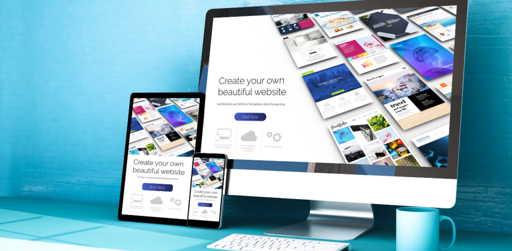 Desktop, tablet, and smartphone showing a website builder interface with templates and design options on a blue background