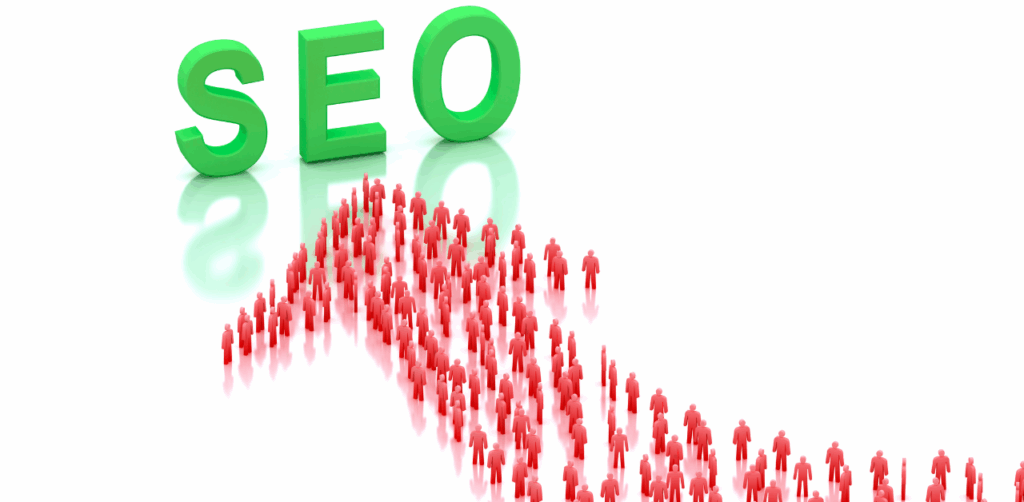 Red human-shaped icons form an upward arrow leading toward large green SEO letters, symbolizing increased web traffic through search engine optimization