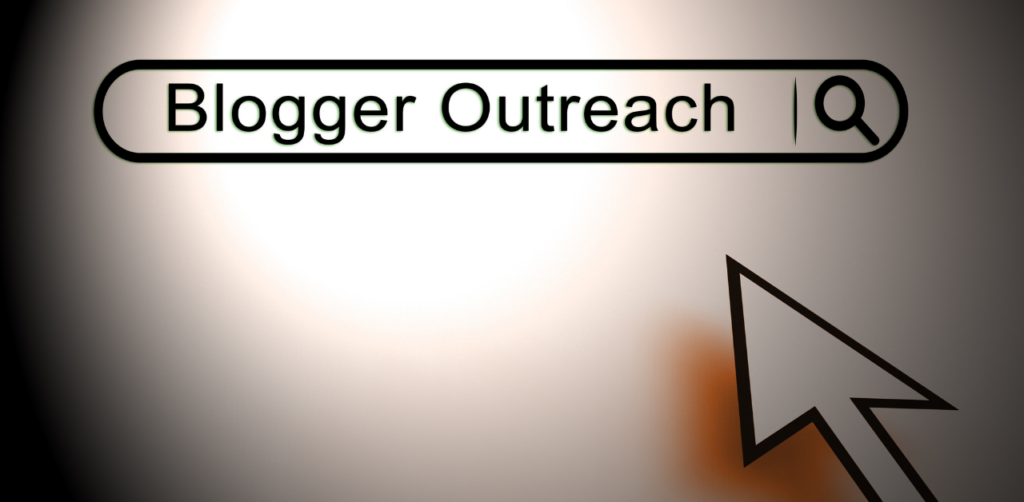 Search bar with the text Blogger Outreach and a large cursor arrow pointing toward it