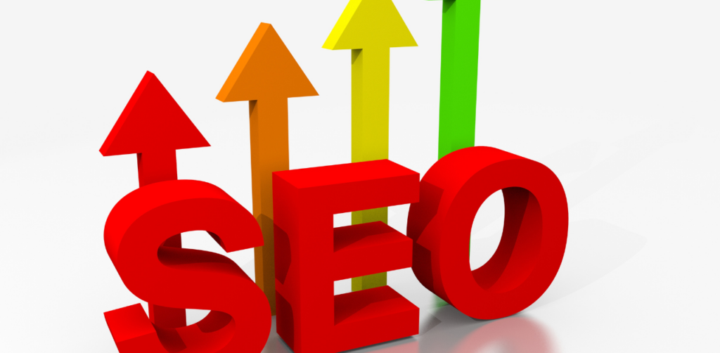 The letters SEO in bold red, with colorful upward arrows symbolizing growth in search engine optimization