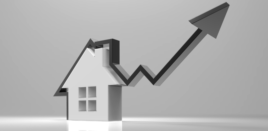 White house-shaped figure with a black arrow rising diagonally upward, symbolizing growth in the real estate market or property values