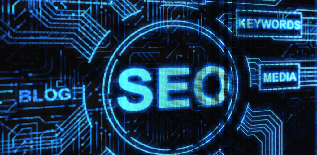 Digital graphic with SEO highlighted in blue, surrounded by keywords, media, and blogs, emphasizing essential elements of SEO optimization