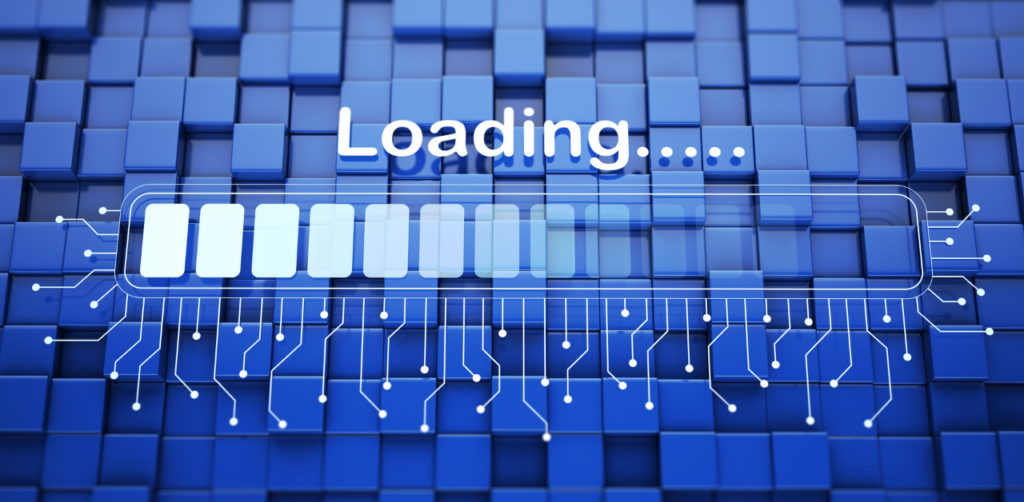 Futuristic 'Loading...' bar over a blue digital grid, representing website speed optimization for technical SEO