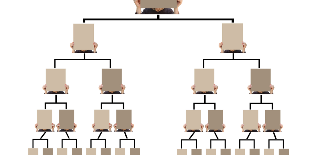 Hierarchical flowchart with people holding blank signs, representing structured website architecture for technical SEO