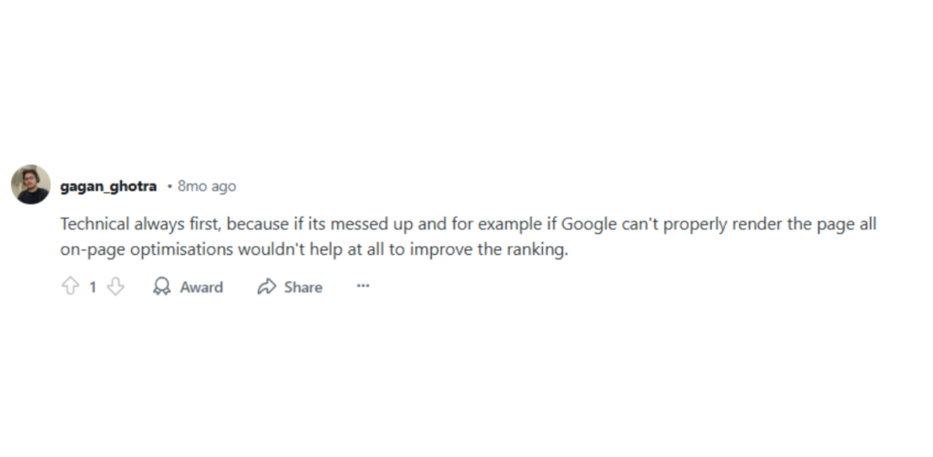 Social media comment discussing the importance of technical SEO, reinforcing its role in search rankings