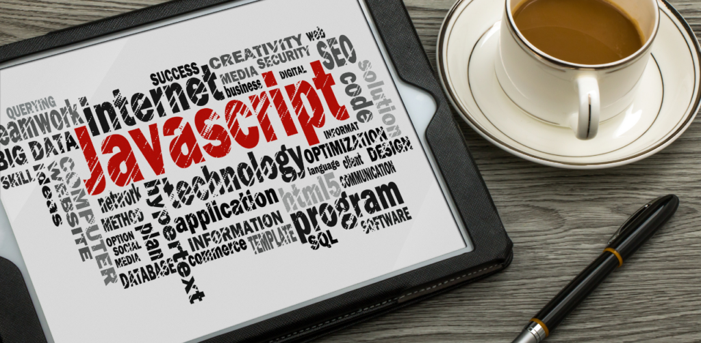 Word cloud featuring JavaScript and SEO on a tablet, emphasizing coding's role in technical SEO