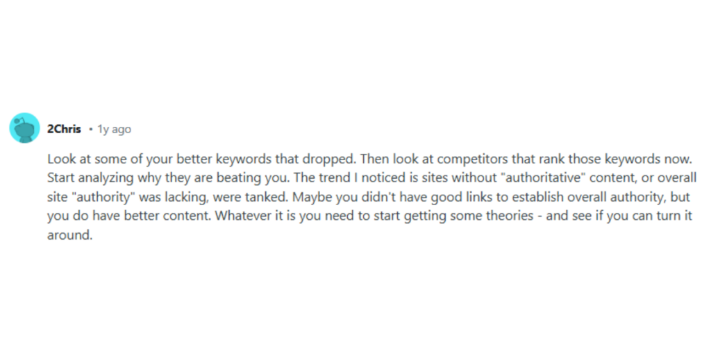 Reddit comment by user “2Chris” giving SEO advice on recovering dropped keywords by analyzing competitors and improving site authority