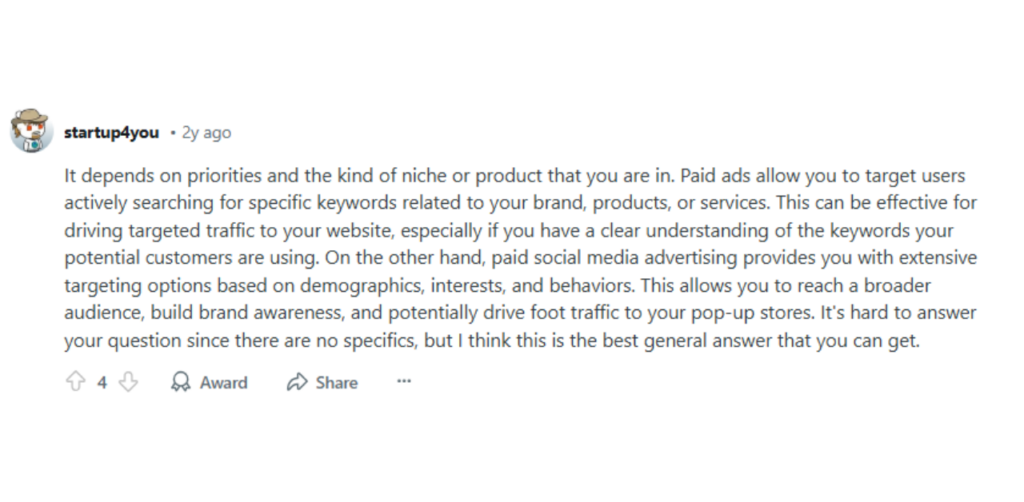 Reddit comment by user “startup4you” explaining the pros of paid ads and social media for driving targeted website traffic