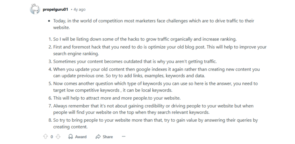 Reddit post by “propelguru01” listing eight SEO tips to boost organic traffic, including updating old content and targeting low-competition keywords