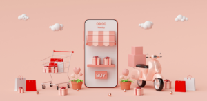 3D illustration of mobile shopping and delivery with gifts and a scooter