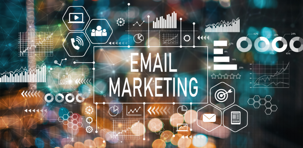 Digital graphic of Email Marketing with icons and charts symbolizing strategy and engagement