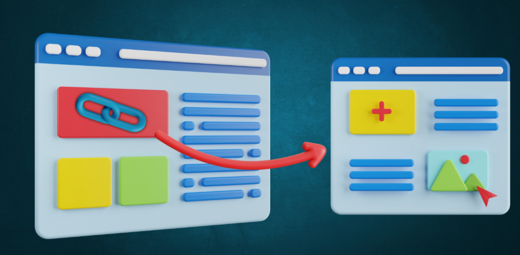 Digital illustration of link building between two web pages using a red arrow and link icon