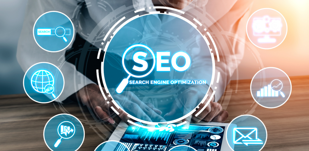 Futuristic SEO graphic with digital icons and charts highlighting search engine optimization tools