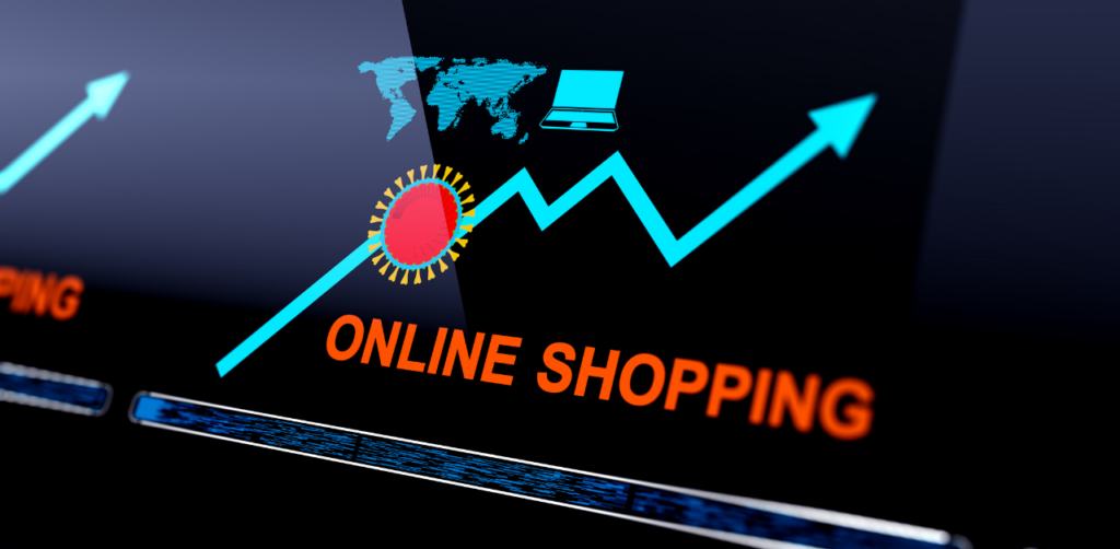 Online shopping graphic with upward arrow, laptop, world map, and virus icon showing e-commerce growth