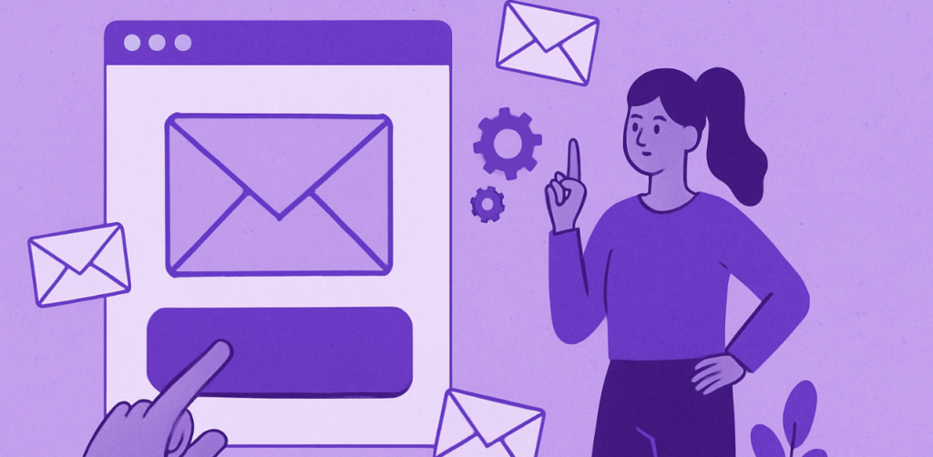 Cartoon of woman beside a large email interface, suggesting email marketing or subscription setup