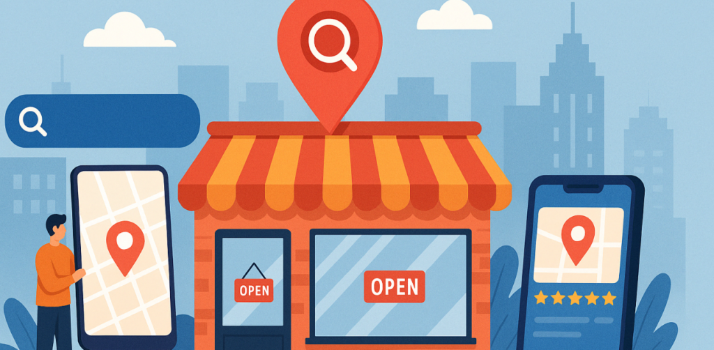 Cartoon storefront with “open” signs and map pins shown on smartphones, representing local SEO for businesses