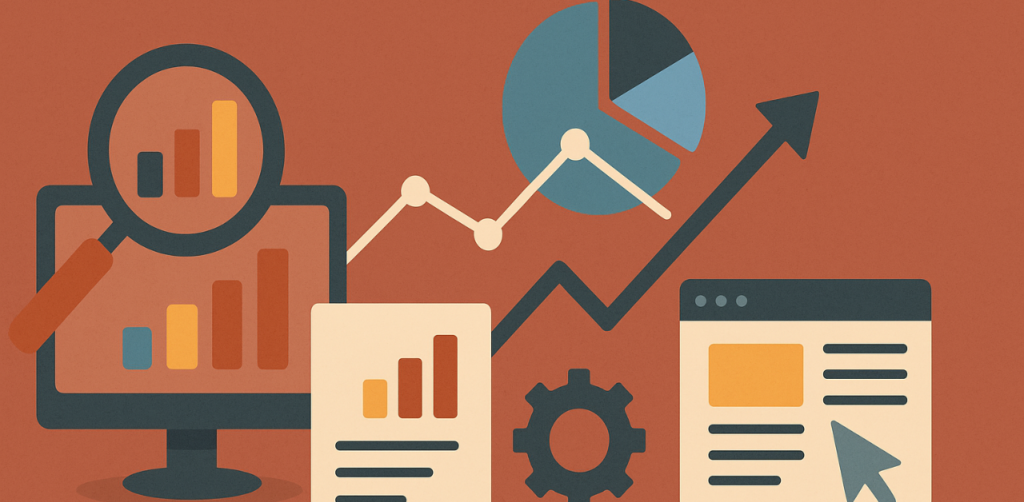 Charts, graphs, and arrows on a computer show data analytics and growth, ideal for SEO performance tracking