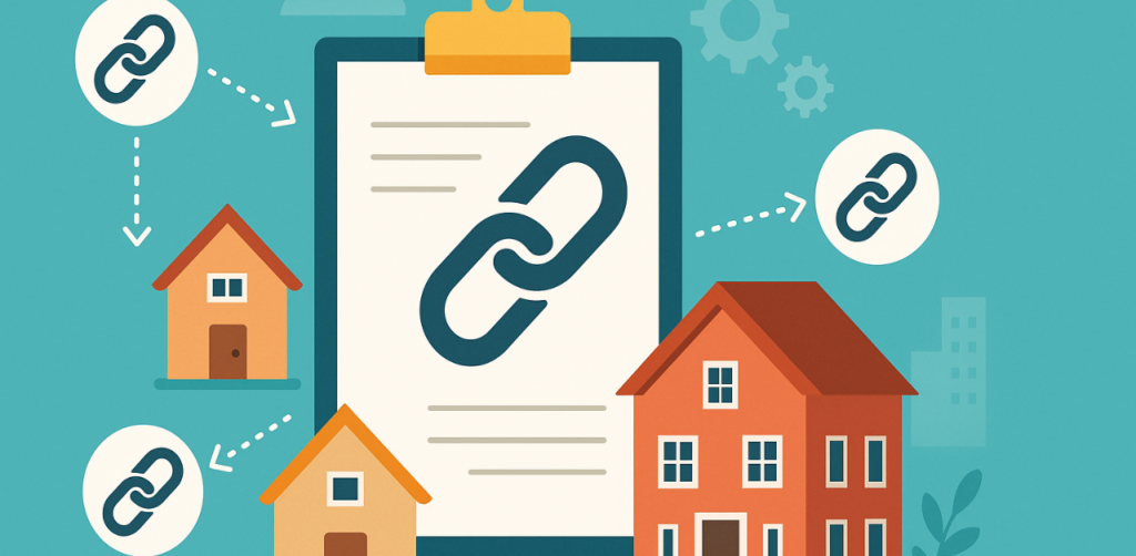 Clipboard with link icon and houses around it, representing real estate backlink strategy for SEO ranking