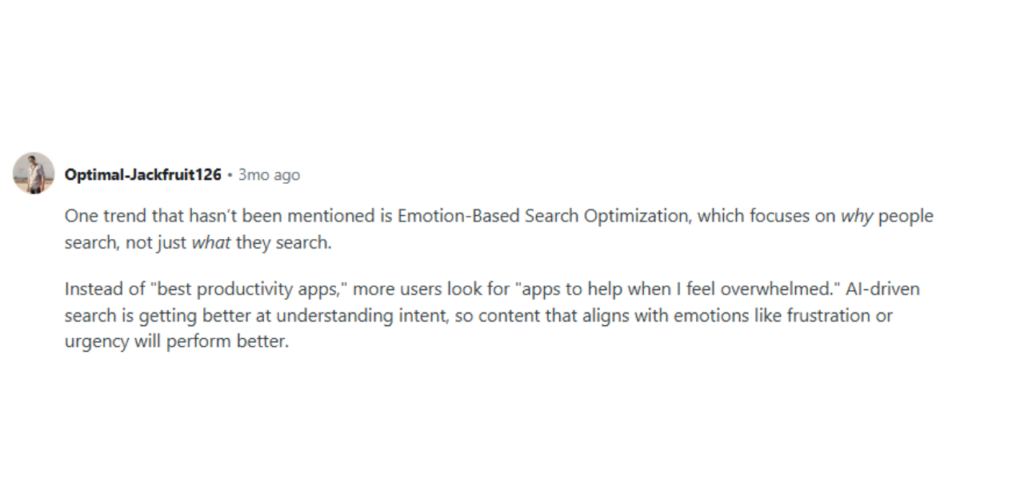 Comment highlights emotion-based search optimization, focusing on user intent and AI search trends