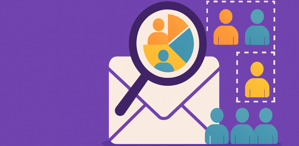 Graphic of segmented email audience under magnifying glass, symbolizing targeted email marketing