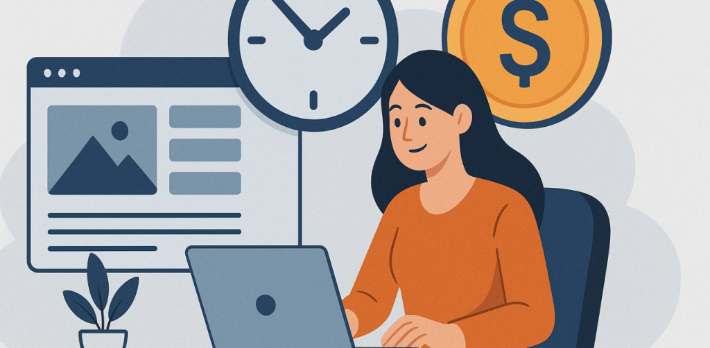 Illustration of a woman using a laptop with clock and dollar sign, symbolizing productivity and earning online