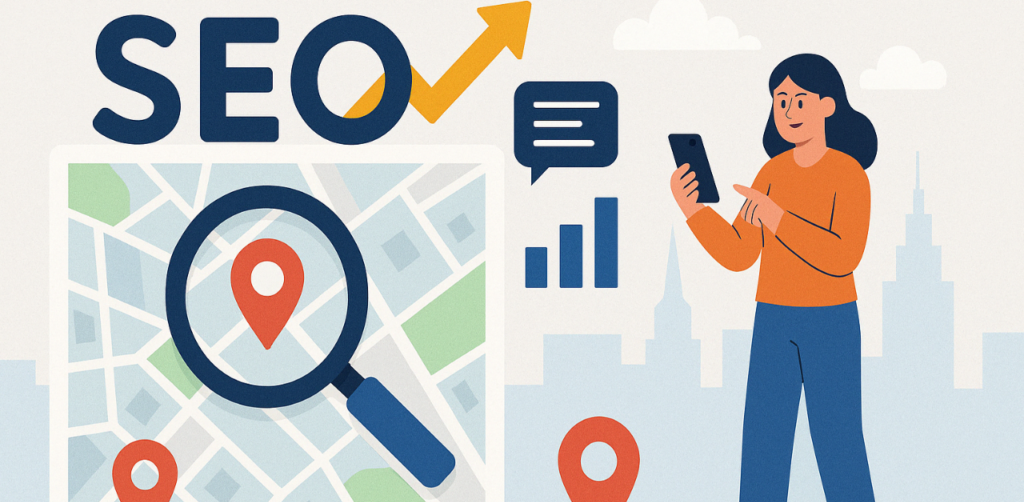 Illustration of a woman using mobile search for local SEO results, with a map, analytics symbols, and magnifying glass icon