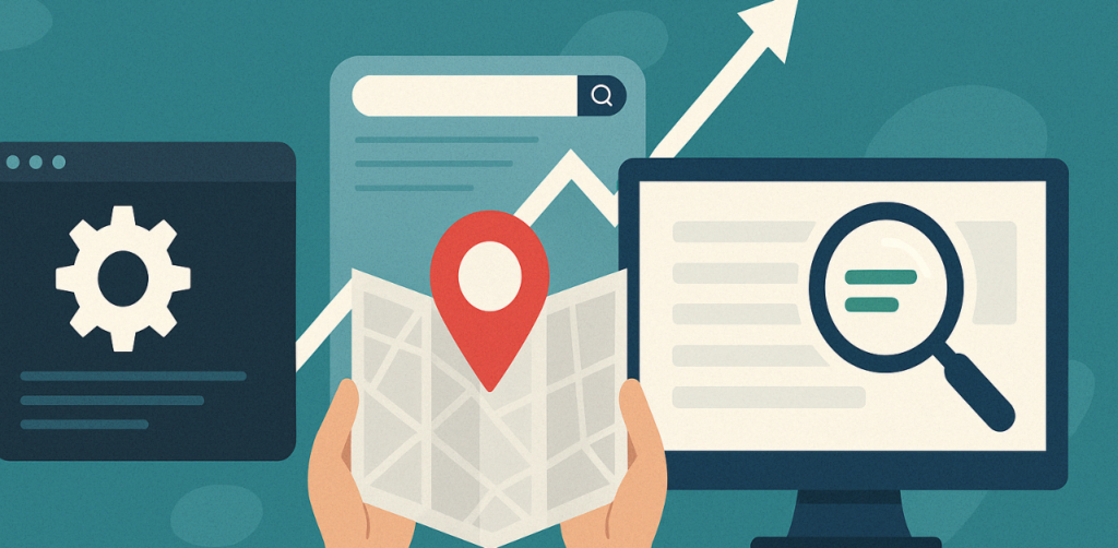 Illustration of map, gear, search bar, and graph icons symbolizing digital tools for SEO strategy and growth