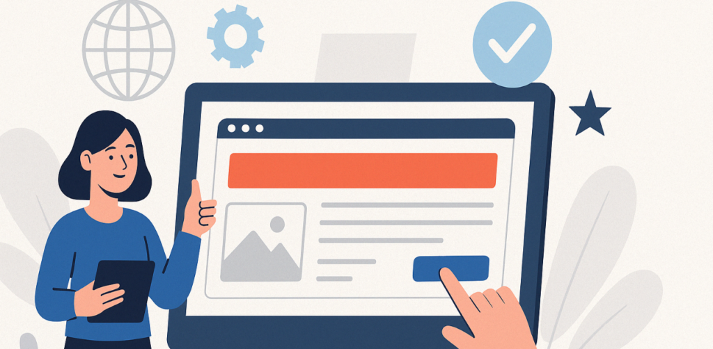 Illustration of woman giving a thumbs up beside a large webpage with icons, showing website approval or success