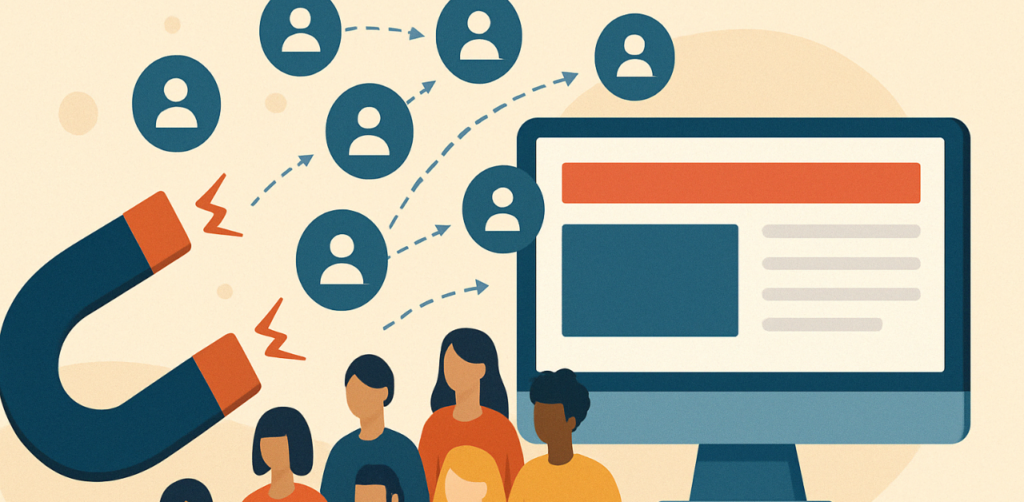Magnet attracting user icons toward a group and website, representing lead generation and audience growth