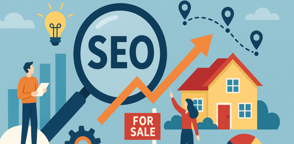 People analyzing charts and SEO near house for sale, highlighting how SEO drives real estate visibility