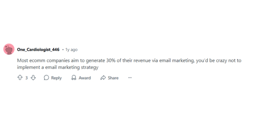 Reddit comment saying most ecomm brands aim for 30% revenue from email marketing, urging its use