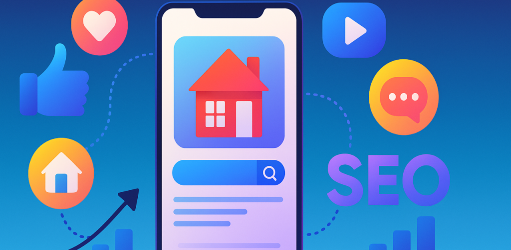 Smartphone with house icon and SEO symbols, showing mobile-friendly SEO for real estate marketing success