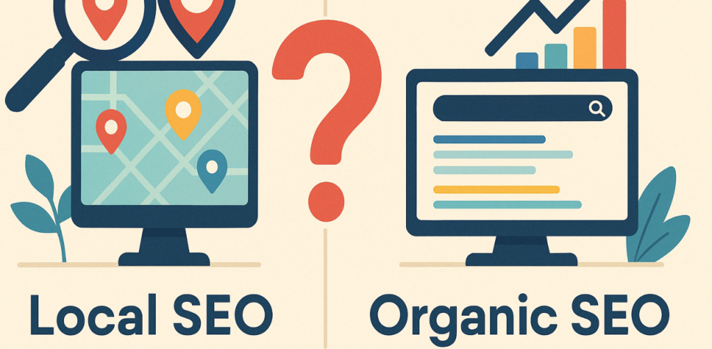 Split graphic compares Local SEO map pins with Organic SEO ranking bars and search results on computer screens