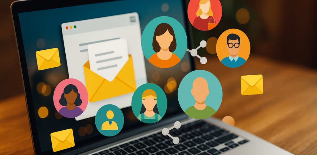 Laptop displaying email marketing with user avatars and message icons representing audience targeting