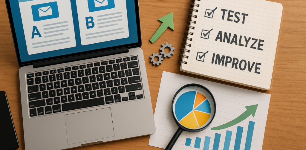 Laptop with A/B test email designs, notebook with test-analyze-improve checklist, and marketing graphs