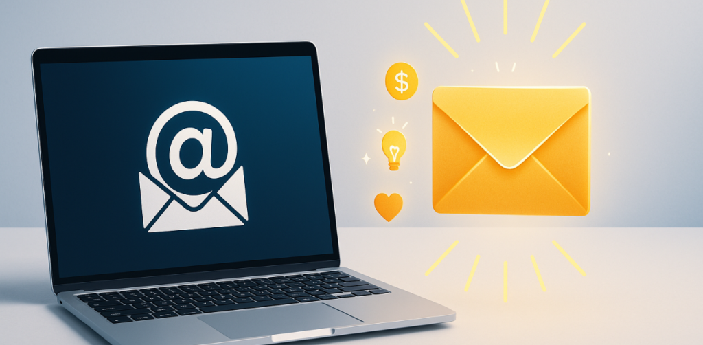 Laptop with email icon and digital envelope surrounded by icons for money, ideas, and engagement