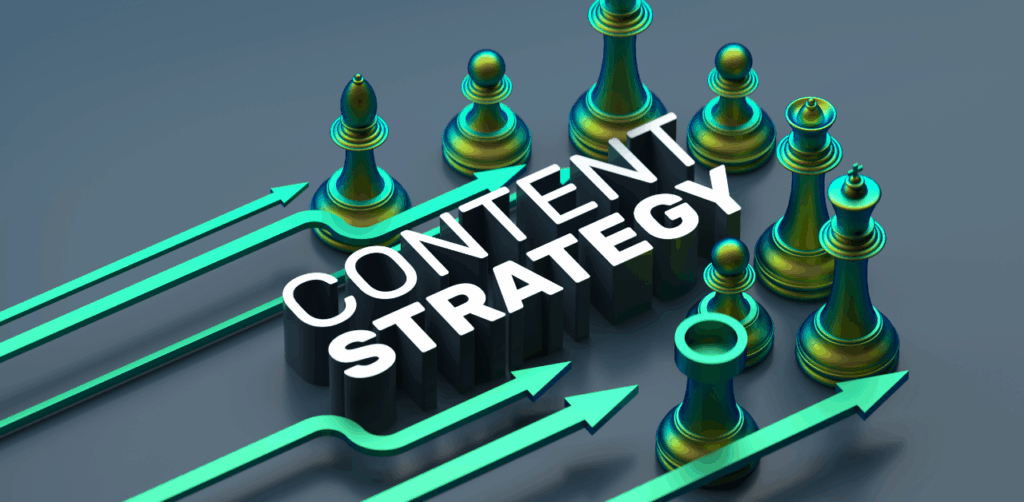 Content Strategy text over chess pieces and arrows, symbolizing planning and direction in digital marketing