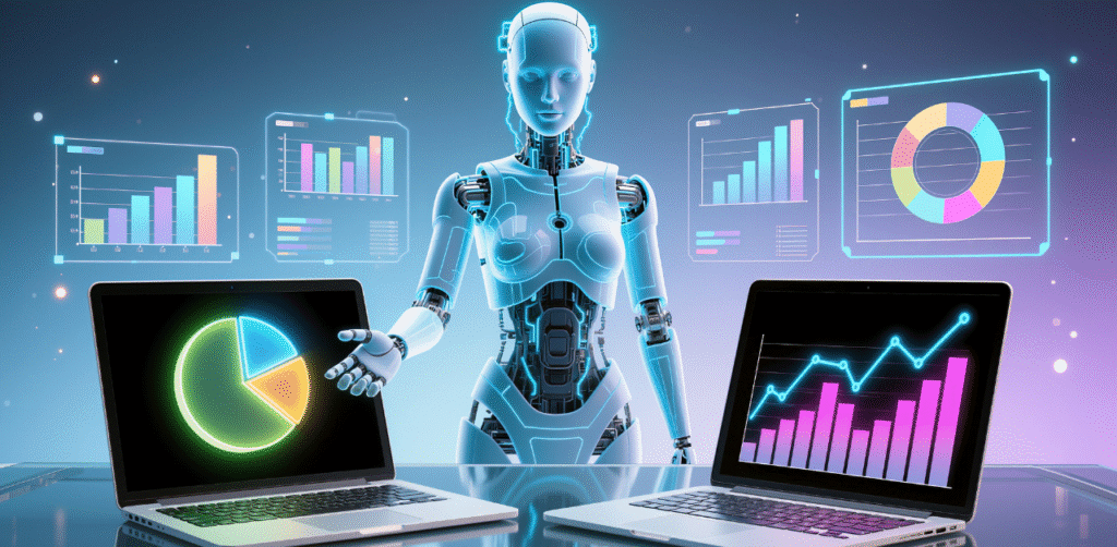 Futuristic AI robot analyzing digital data charts on dual laptops with graphs floating behind