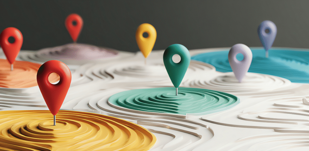 Colorful 3D map markers placed on a stylized layered topographic surface