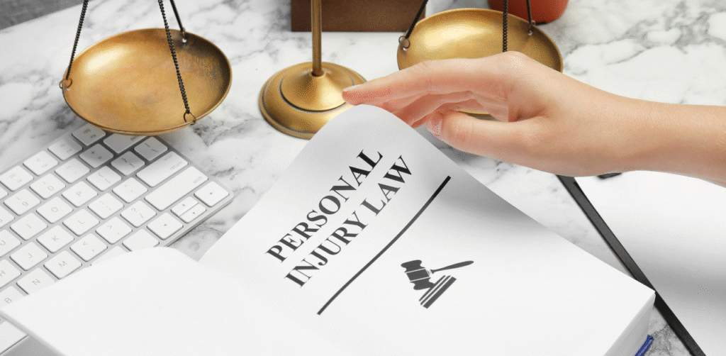 Open book titled “Personal Injury Law” on a marble desk with scales of justice and keyboard