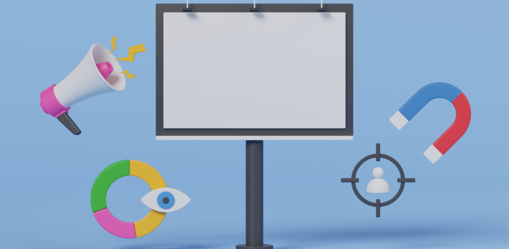 3D digital marketing concept with blank billboard and icons like megaphone, magnet, target, and analytics chart
