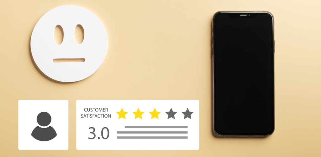 Customer satisfaction concept with neutral emoji and 3-star rating on mobile, representing average review and feedback